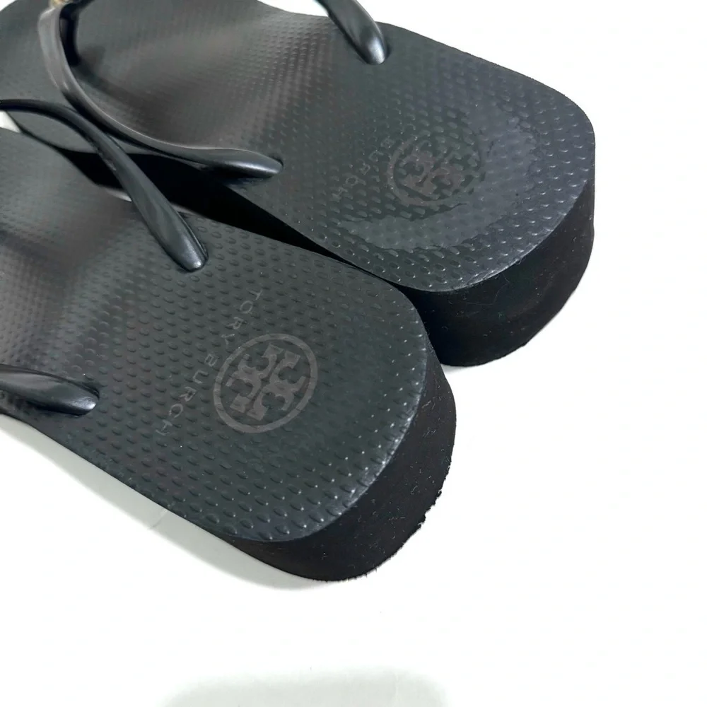 Tory Burch Black Cutout Wedge Flip Flop Platform Sandals Size 9.5